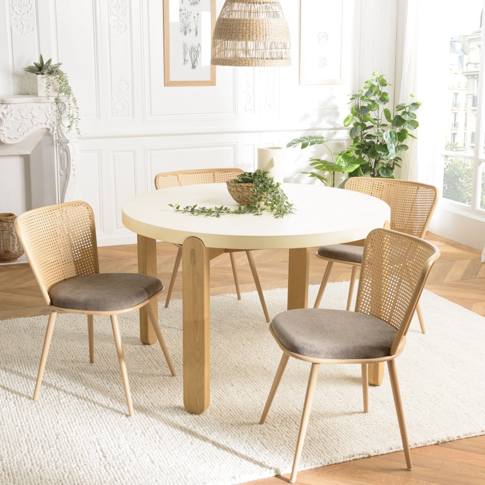 LEA Set of 2 Chairs with Taupe Fabric Seat and Wide Cane-Effect Backrest
