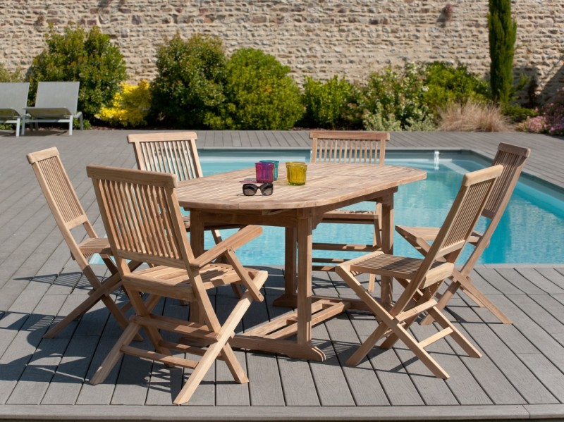 Ovaler ausziehbarer Gartentisch aus unbehandeltem Teakholz - 150/200*90 cm