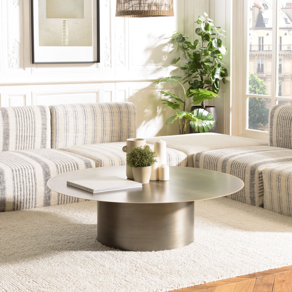 Table basse ronde 120x120cm en fer noir et bordure dorée | SECONDE MAIN