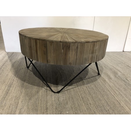 SECONDE MAIN - Table basse ronde 90x90cm bois Teck naturel pieds épingles scandi métal noir