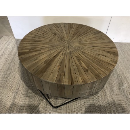 SECONDE MAIN - Table basse ronde 90x90cm bois Teck naturel pieds épingles scandi métal noir