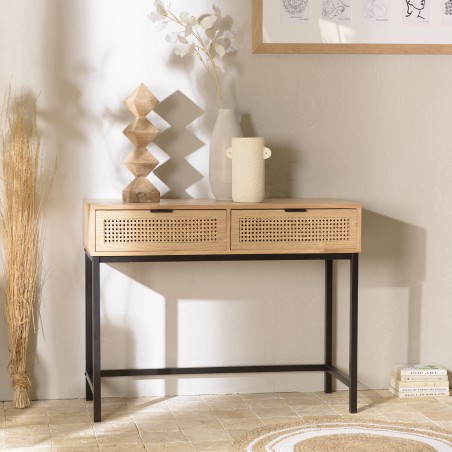 SECOND HAND | Console table with 2 drawers, natural cane finish