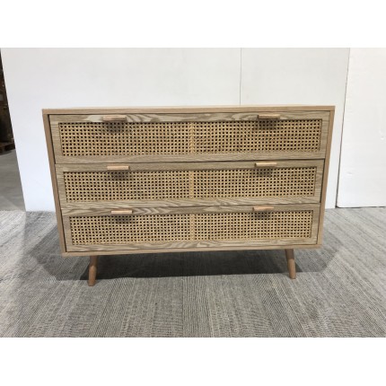 Natural-coloured wooden chest of drawers with 3 cane drawers | Second Hand
