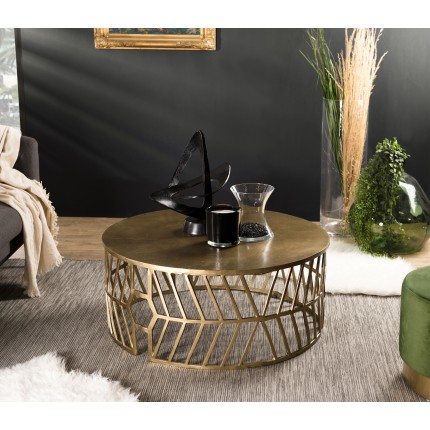 SECONDE MAIN - Table basse ronde 89x89cm aluminium doré piètement graphique
