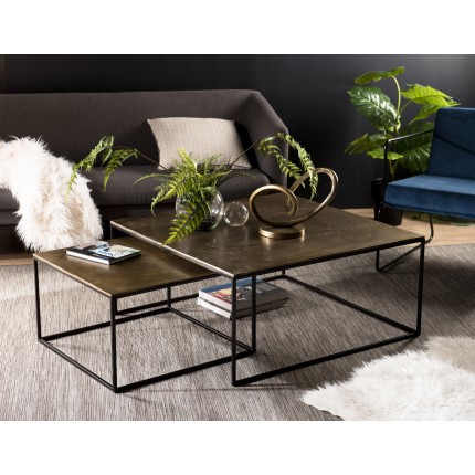 SECONDE MAIN - Set de 2 tables gigognes carrées aluminium doré pieds métal