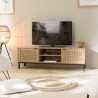 Meuble TV en bois 2 portes cannage naturel pieds métal noir | Seconde main