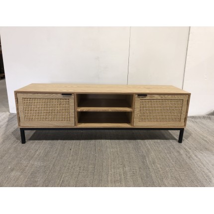 Meuble TV en bois 2 portes cannage naturel pieds métal noir | Seconde main