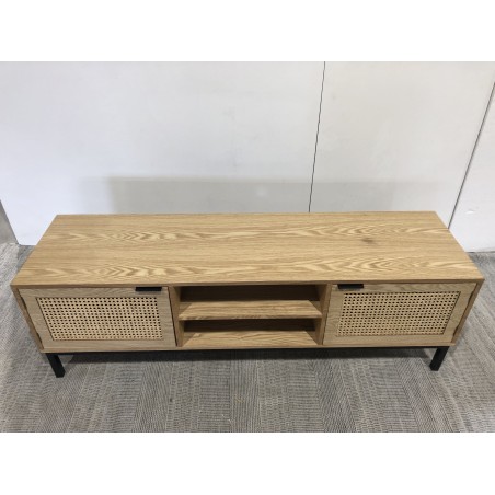 Meuble TV en bois 2 portes cannage naturel pieds métal noir | Seconde main