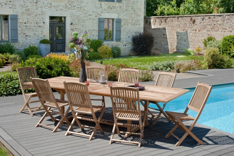 Table de jardin en bois Teck - 10/12 pers - extensible 200/300 x 120 cm Table de jardin en bois Teck - 10/12 pers - extensible 200/300 x 120 cm