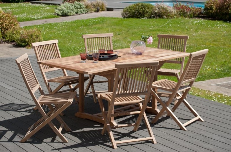 Salon de jardin en bois teck 4/6 pers - Table rectangulaire et 6 chaises Salon de jardin en bois teck 4/6 pers - Table rectangulaire et 6 chaises