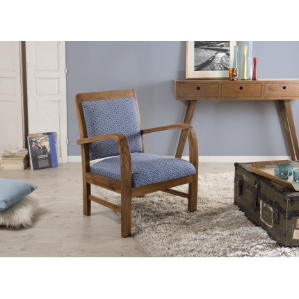 Fauteuil WALLY bois teck tissu bleu - Style scandinave