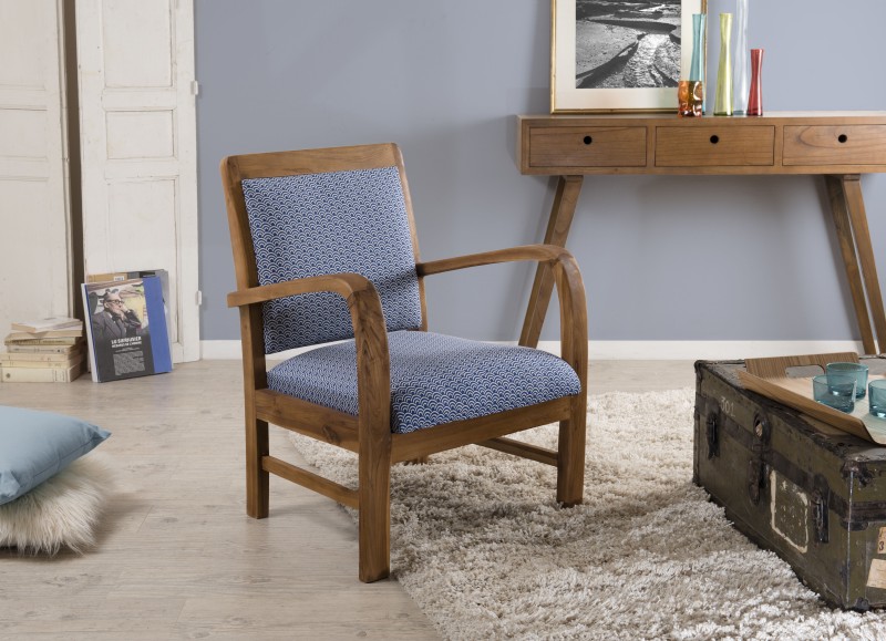 Fauteuil DAK bois teck tissu bleu - Style scandinave Fauteuil DAK bois teck tissu bleu - Style scandinave