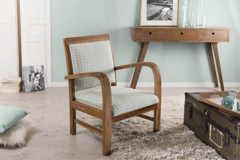 Fauteuil bois teck DAK - Tissu bleu clair - Design et confort Fauteuil bois teck DAK - Tissu bleu clair - Design et confort