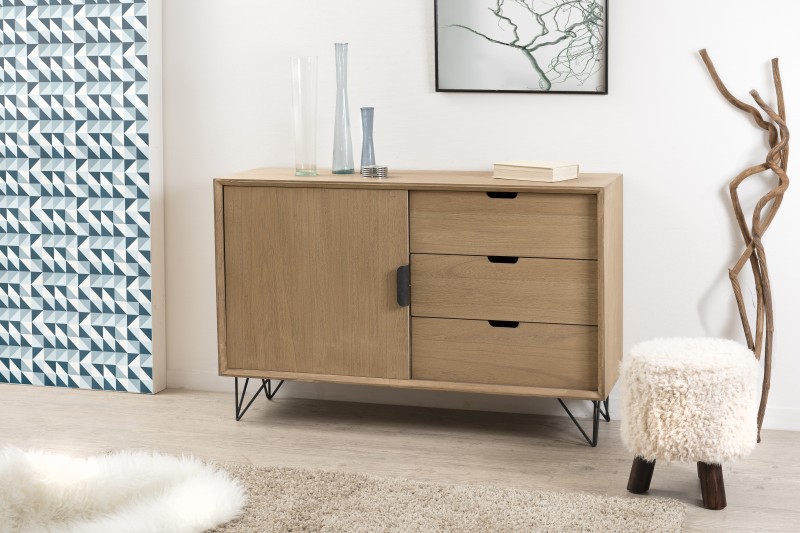 MARGAUX Natural Wood Sideboard with 1 Door and 3 Drawers MARGAUX Natural Wood Sideboard with 1 Door and 3 Drawers