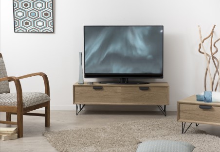 MARGAUX Natural Wood TV Stand with 1 Door 1 Drawer Black Metal Legs