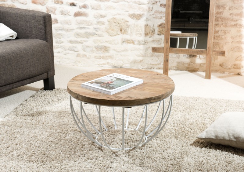 Table basse SIXTINE ronde 60x60cm teck recyclé métal blanc Table basse SIXTINE ronde 60x60cm teck recyclé métal blanc