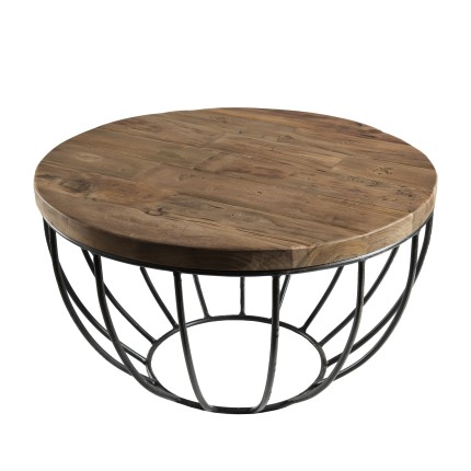 Table basse ronde SIXTINE 60x60cm teck recyclé et métal noir