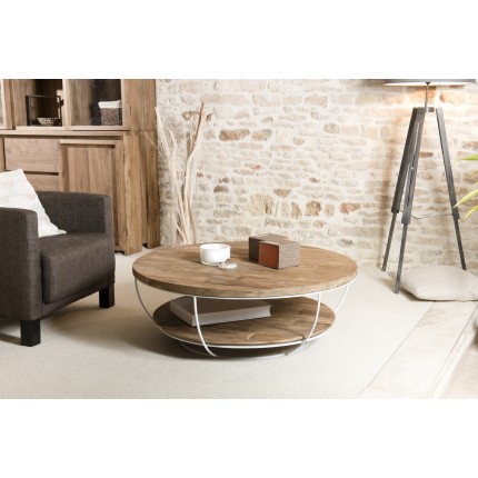 Table basse coque ronde 100x100cm teck recyclé métal blanc