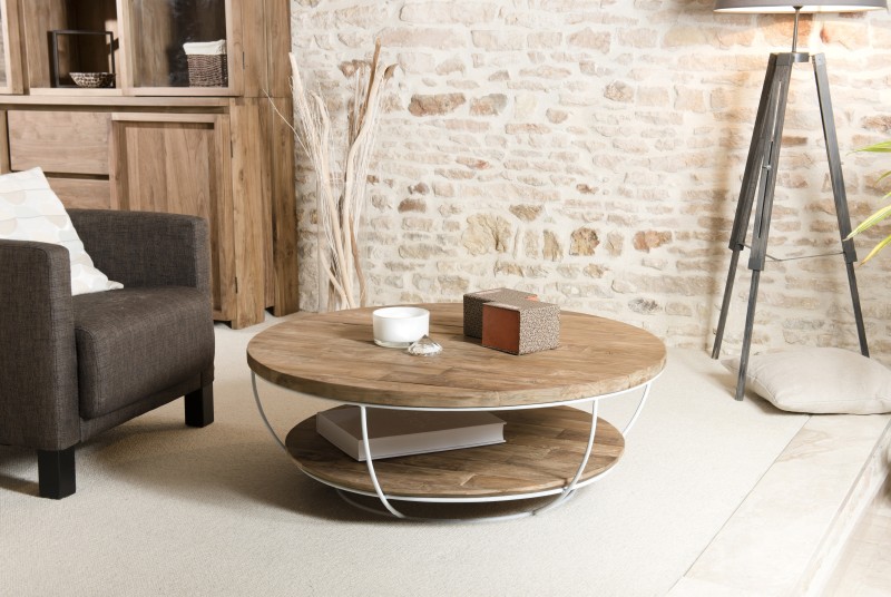 Table basse coque ronde 100x100cm teck recyclé métal blanc Table basse coque ronde 100x100cm teck recyclé métal blanc