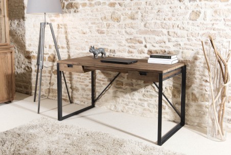 SIXTINE - Recycled Teak and Black Metal Desk with 2 Drawers