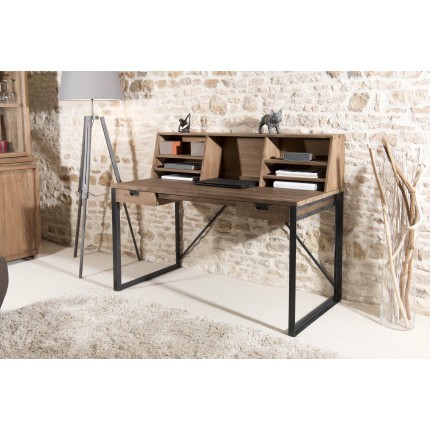 SIXTINE Desk with 2 Drawers and Shelves - Recycled Teak Black Metal