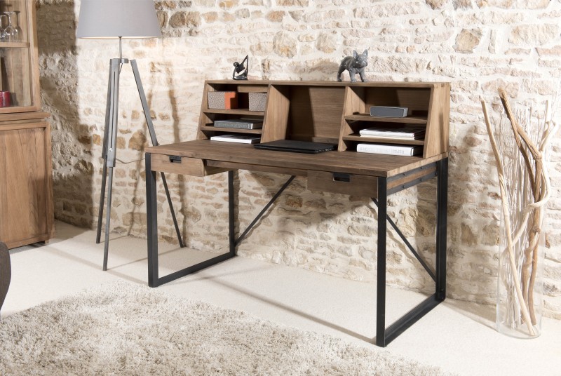 SIXTINE Desk with 2 Drawers and Shelves - Recycled Teak Black Metal SIXTINE Desk with 2 Drawers and Shelves - Recycled Teak Black Metal