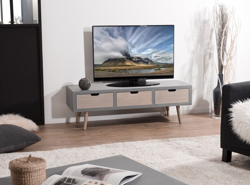 Meuble TV LORENZO - Bois Pin Gris 3 Tiroirs Beiges