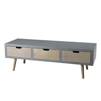 Meuble TV LORENZO - Bois Pin Gris 3 Tiroirs Beiges