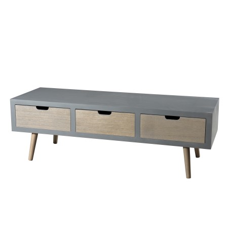 Meuble TV LORENZO - Bois Pin Gris 3 Tiroirs Beiges