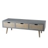 Meuble TV LORENZO - Bois Pin Gris 3 Tiroirs Beiges