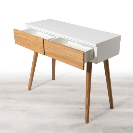 Console PEDRO 2 tiroirs bois clair et blanc