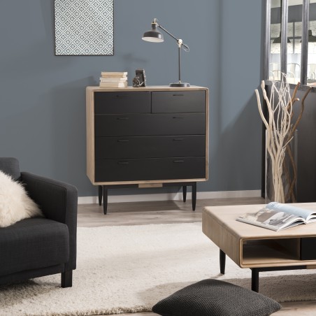 PALOMA 5-Drawer Chest - Acacia Wood and Black Metal