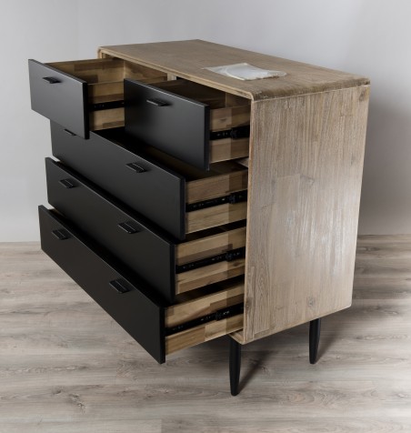 PALOMA 5-Drawer Chest - Acacia Wood and Black Metal