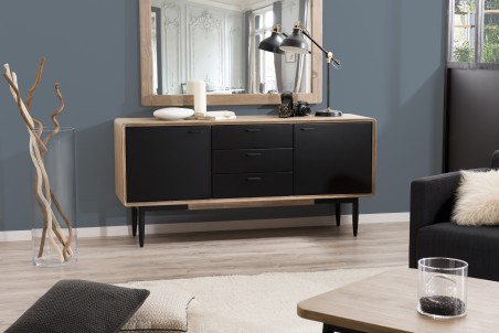PALOMA Buffet - 3 Drawers 2 Doors Acacia Wood and Black Metal