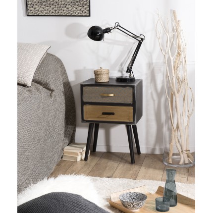 LEON Black Bedside Table with 2 Brown Drawers - Pine Motifs
