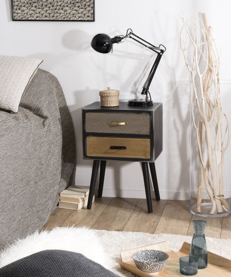 LEON Black Bedside Table with 2 Brown Drawers - Pine Motifs