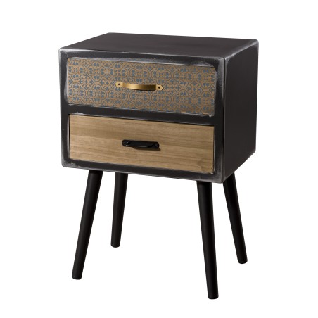 LEON Black Bedside Table with 2 Brown Drawers - Pine Motifs