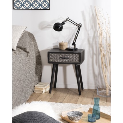 Chevet noir LEON 1 tiroir motifs noirs et blancs
