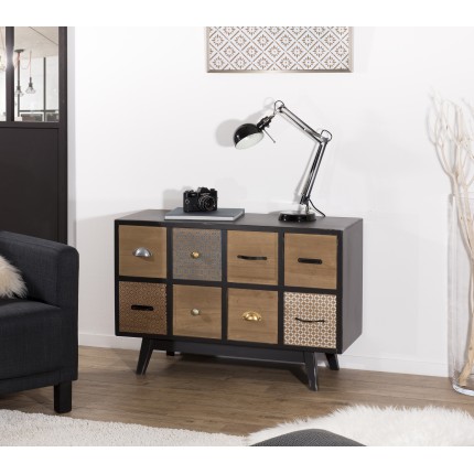 Commode noire LEON 8 tiroirs marrons motifs Pin