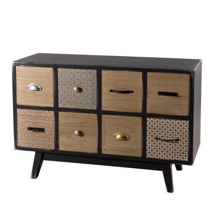 LEON Black 8-Drawer Chest with Brown Pine Motifs