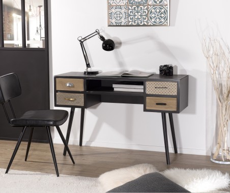 LEON Black Desk with 4 Brown Drawer and Pine Motifs