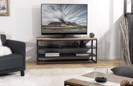 LEANDRE Black Acacia Wood and Metal TV Stand with 2 Shelves