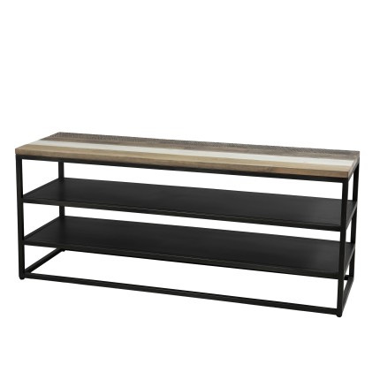 LEANDRE Black Acacia Wood and Metal TV Stand with 2 Shelves