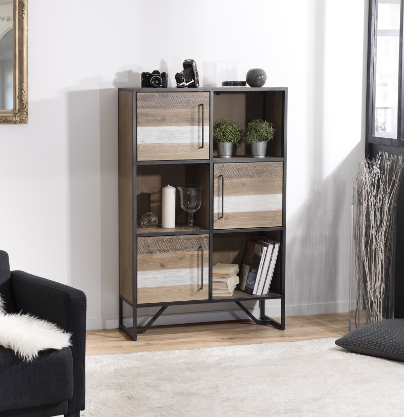 LEANDRE Black Bookcase 3 Doors 3 Shelves Acacia Wood and Steel