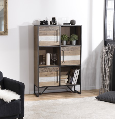 LEANDRE Black Bookcase 3 Doors 3 Shelves Acacia Wood and Steel