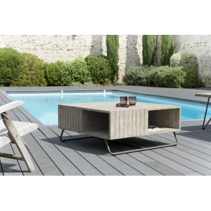 Table basse de jardin EMILE en bois teck teinté gris