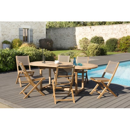 Salon de jardin en bois teck 6/8 pers - Table ovale extensible et chaises textilène