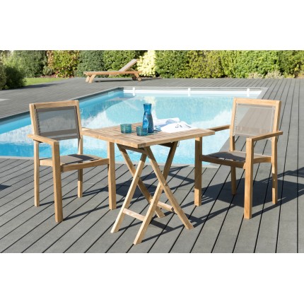 Salon de jardin en bois teck 2 pers - Table 70 cm et 2 fauteuils