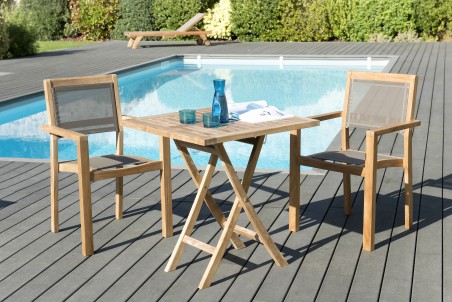 Salon de jardin en bois teck 2 pers - Table 70 cm et 2 fauteuils