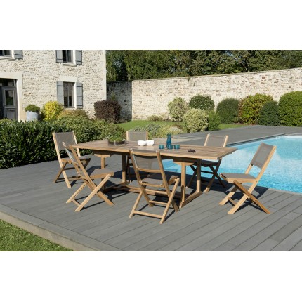 Teak Wood Garden Furniture Set - 8/10 Seater - Extendable Table & 6 Taupe Chairs